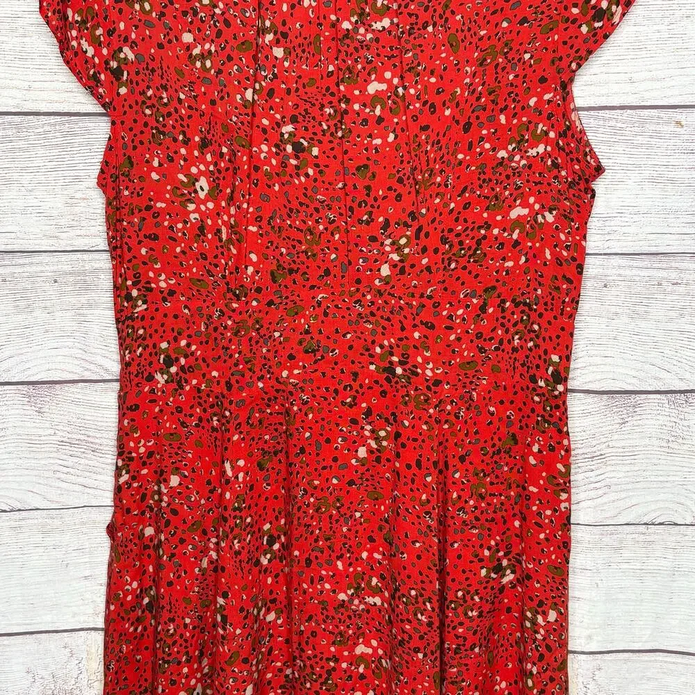 Free People 40's Print Midi Button Up Cap Sleeve Red Lined Shirt Dress Size 12